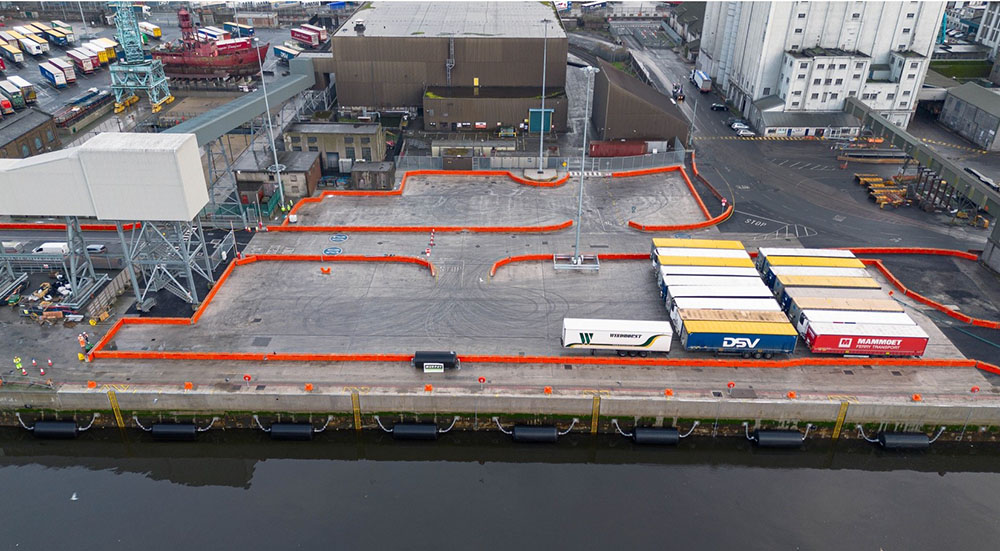An aerial view of a port in Dublin under construction.