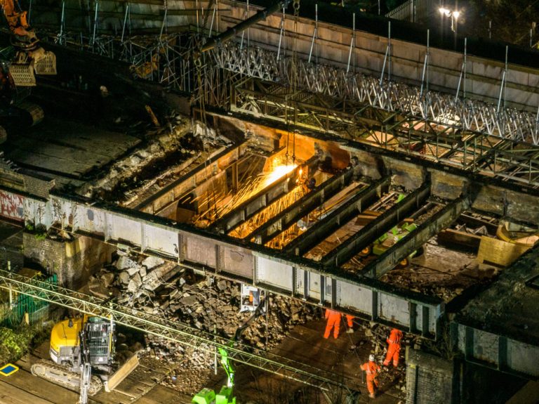 An aerial view of an overbridge construction site.