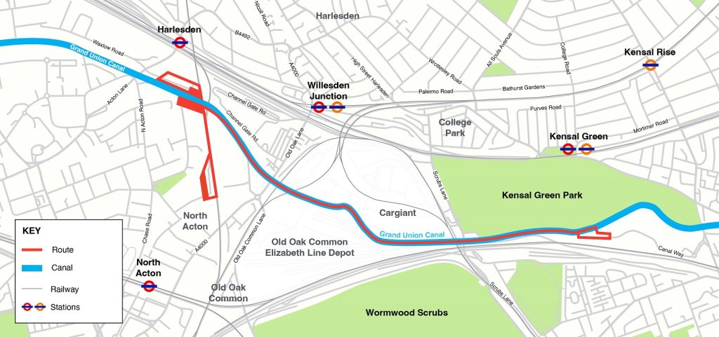 Map of Willesden Junction and Kensal Green route in London
