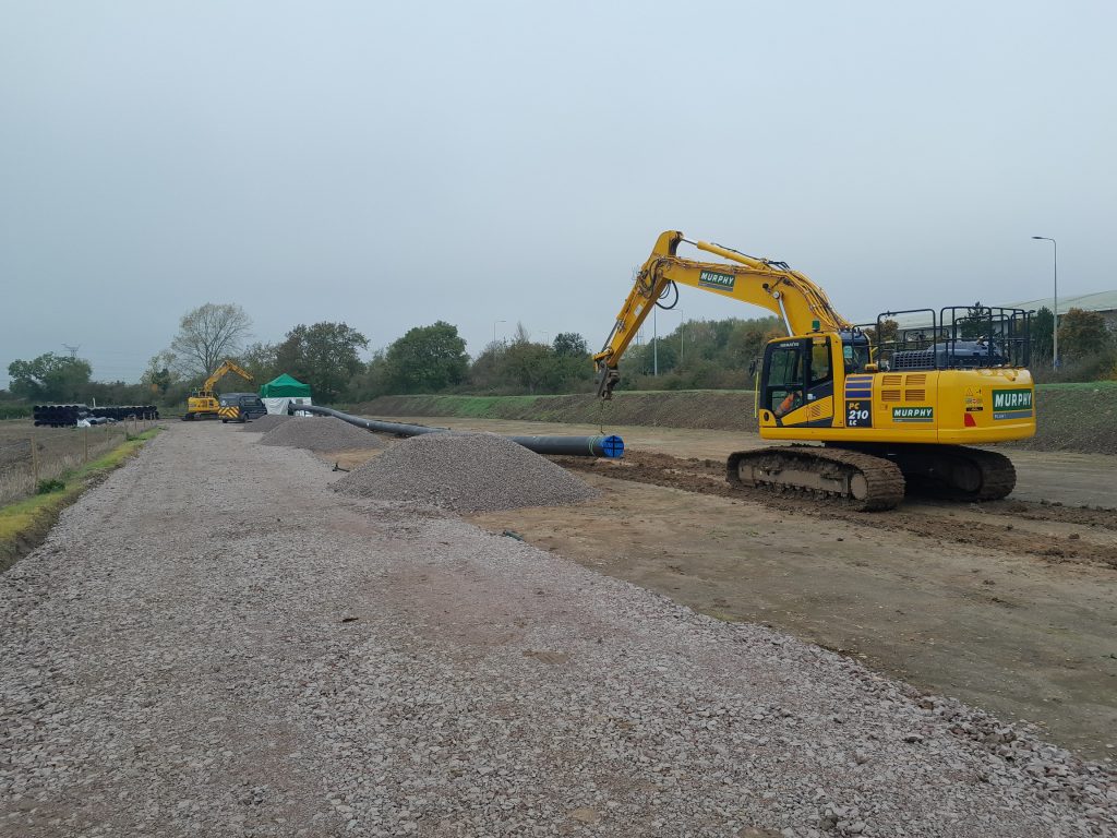 A yellow Murphy-branded construction vehicle at the Hinckley to Hartshill Transfer Pipeline construction site.  